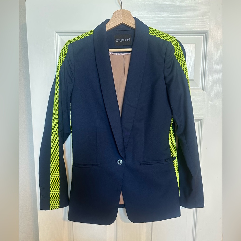 Quirky Business Wildfang Navy Blazer with Neon Green Accents
